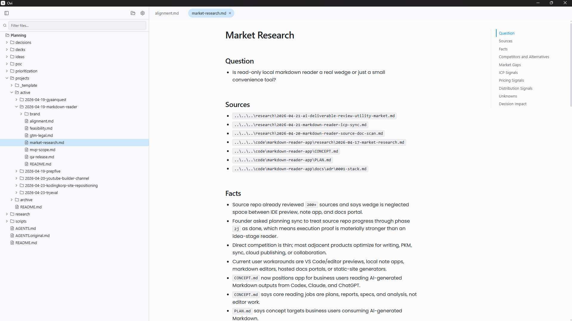 A market research document open in Ovi, with file tree on the left and outline on the right