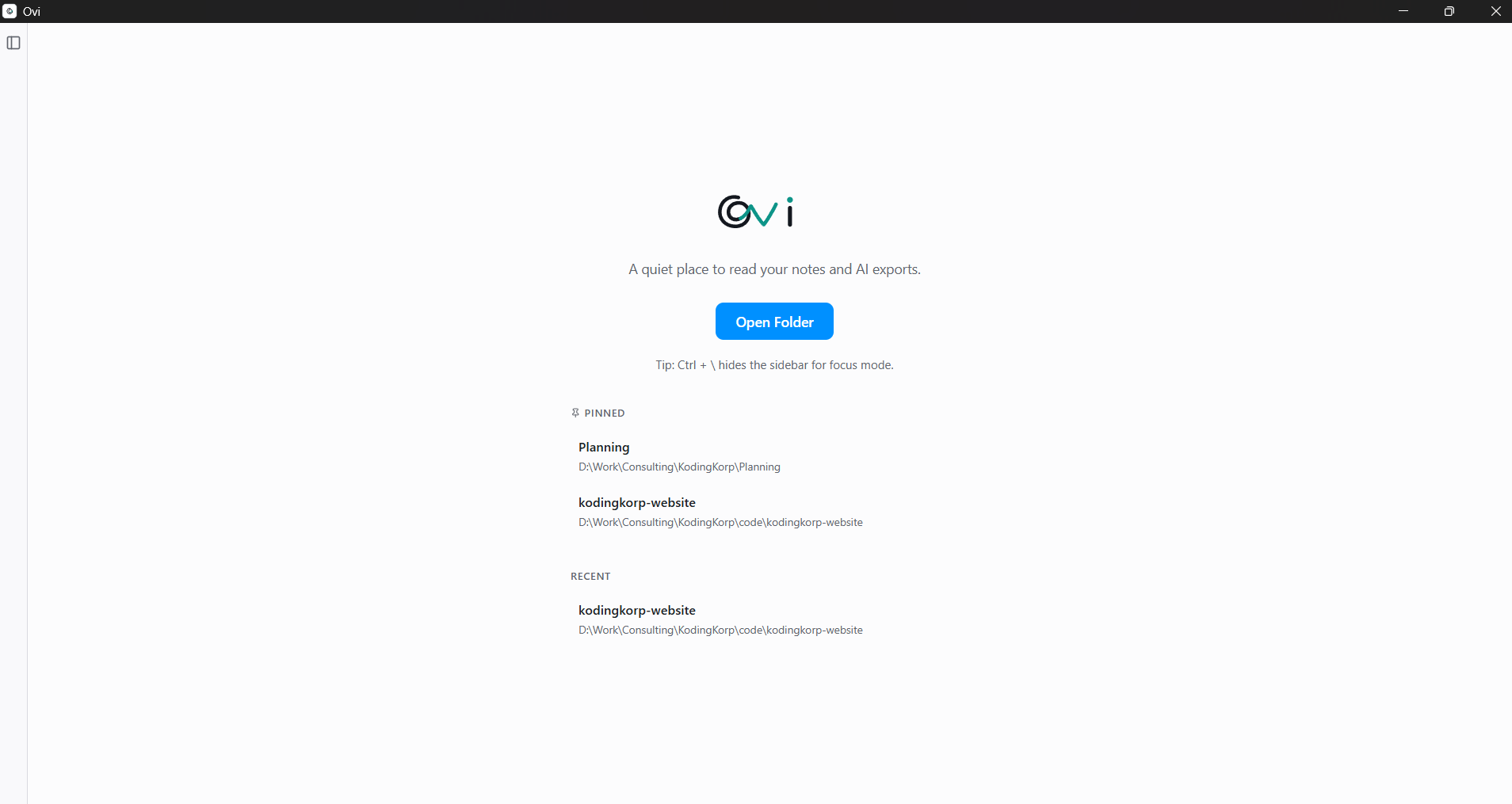 The Ovi welcome screen, with Pinned and Recent folders